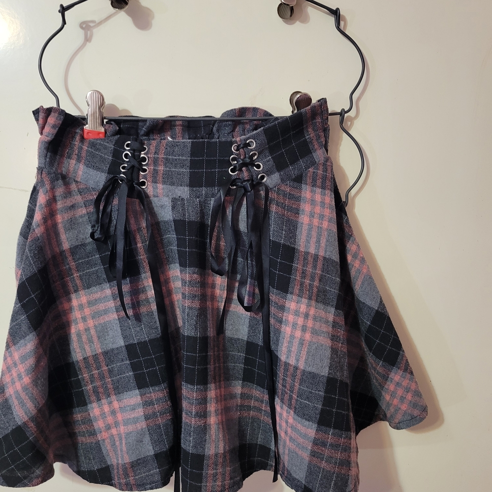 Skirt Pink And Gray Plaid Pleated Corset Ribbons Punk Goth Junior’s S